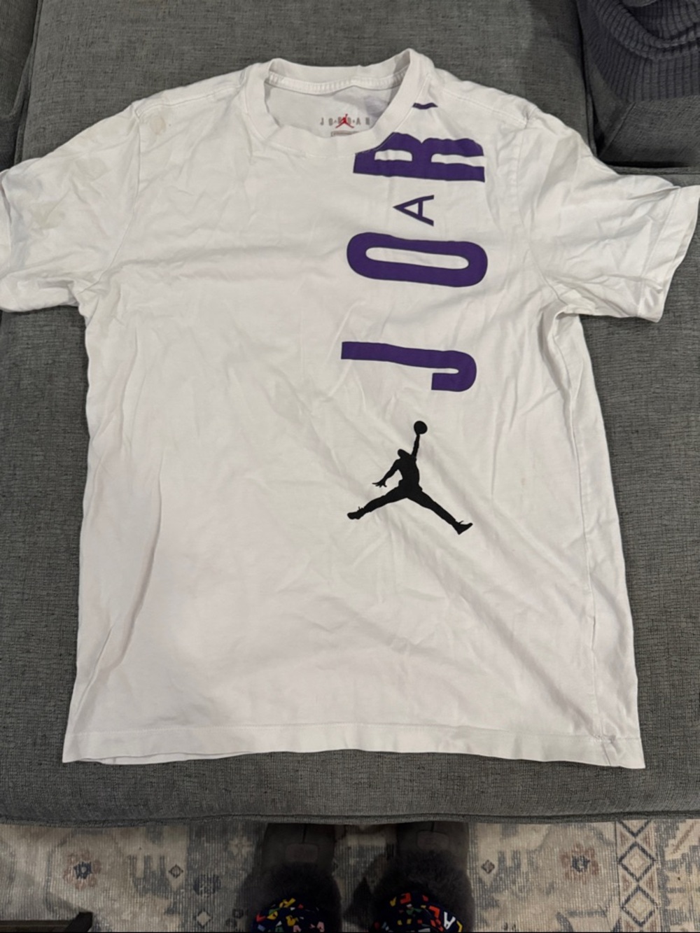 Jordan White Tee with Purple Vertical Logo and Black Jumpman